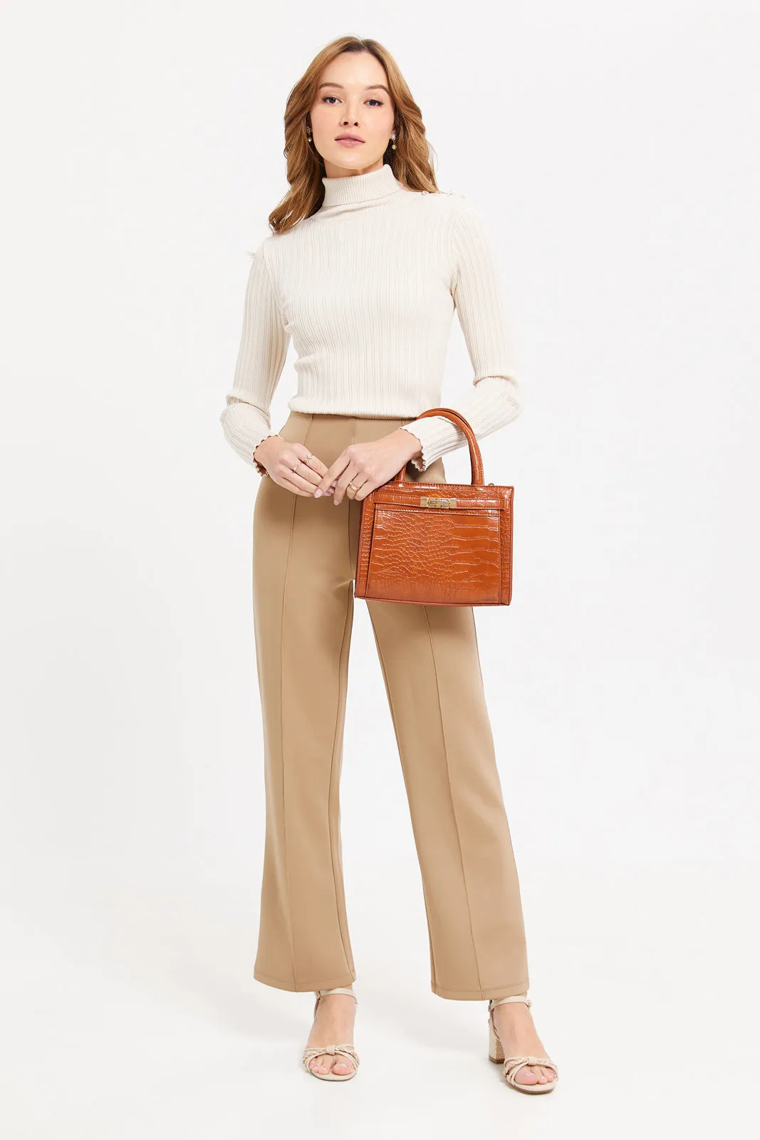 Women Beige Jacquard Long Sleeves Pullover