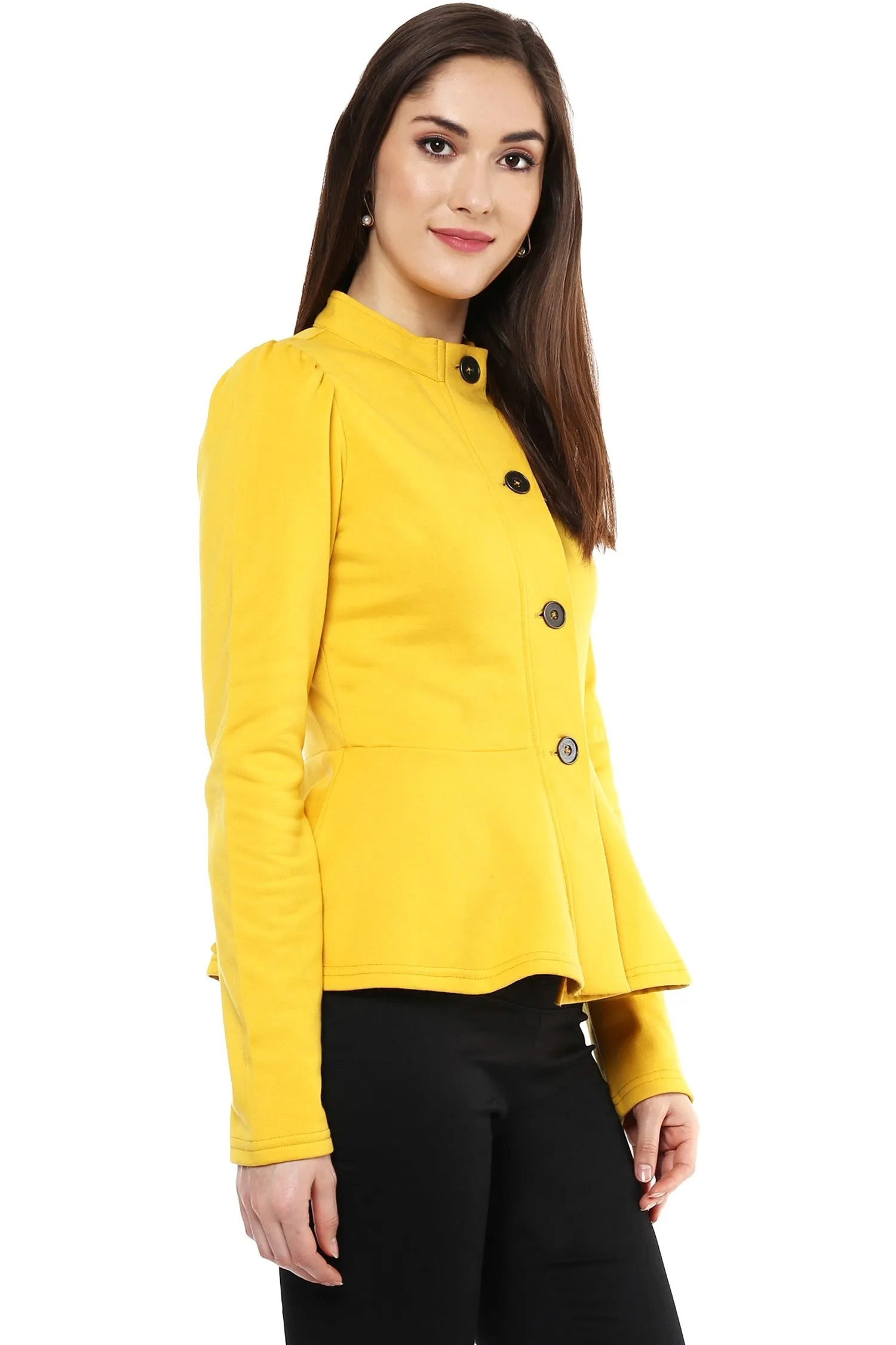 Women Mustard Fleece Peplum Jacket