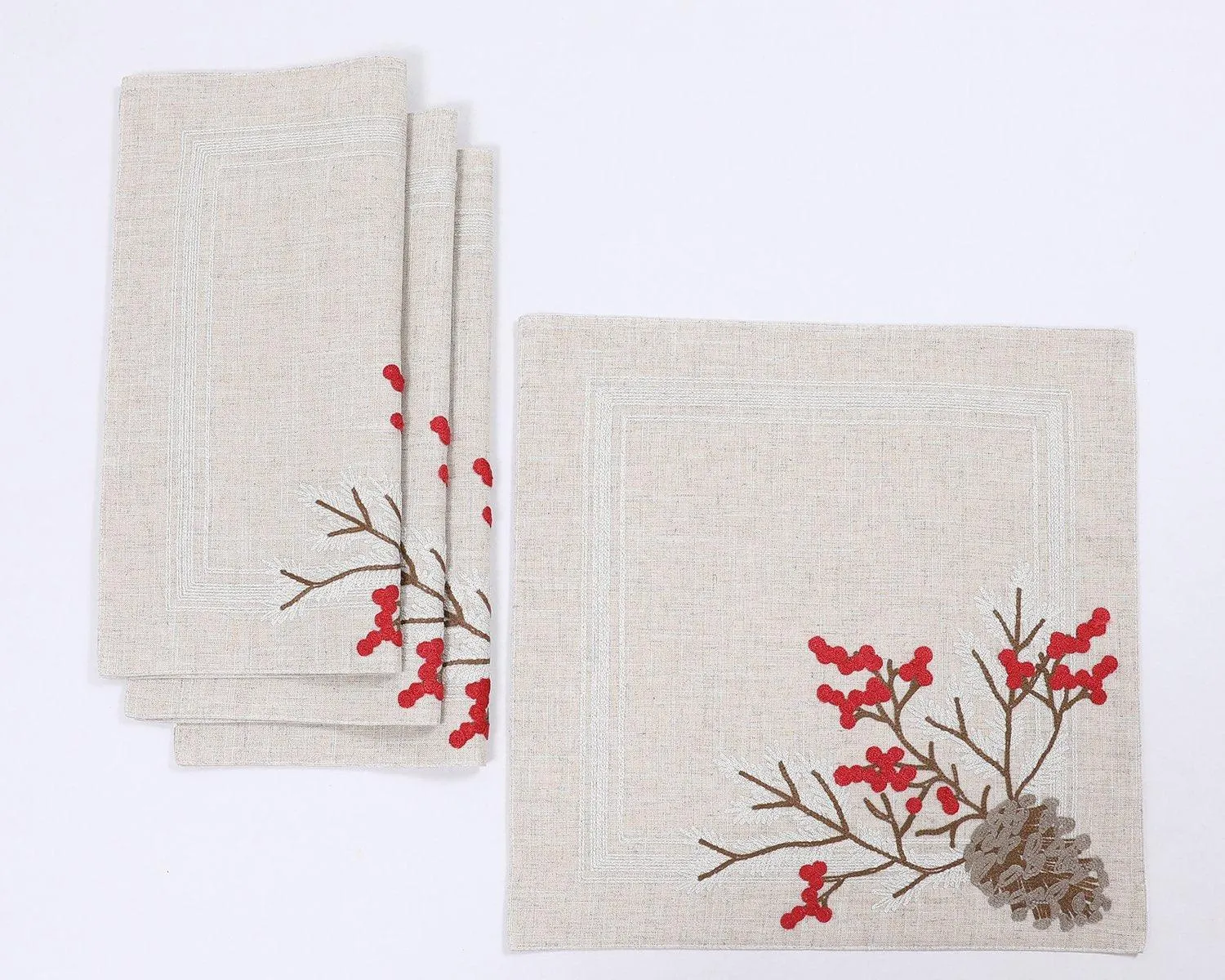 XD19811-Christmas Pine Cone Crewel Embroidered Placemats 16 by 16-Inch